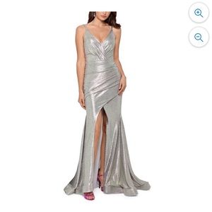 BETSY & ADAM Womens Silver Full-Length Formal Fit + Flare Dress 12